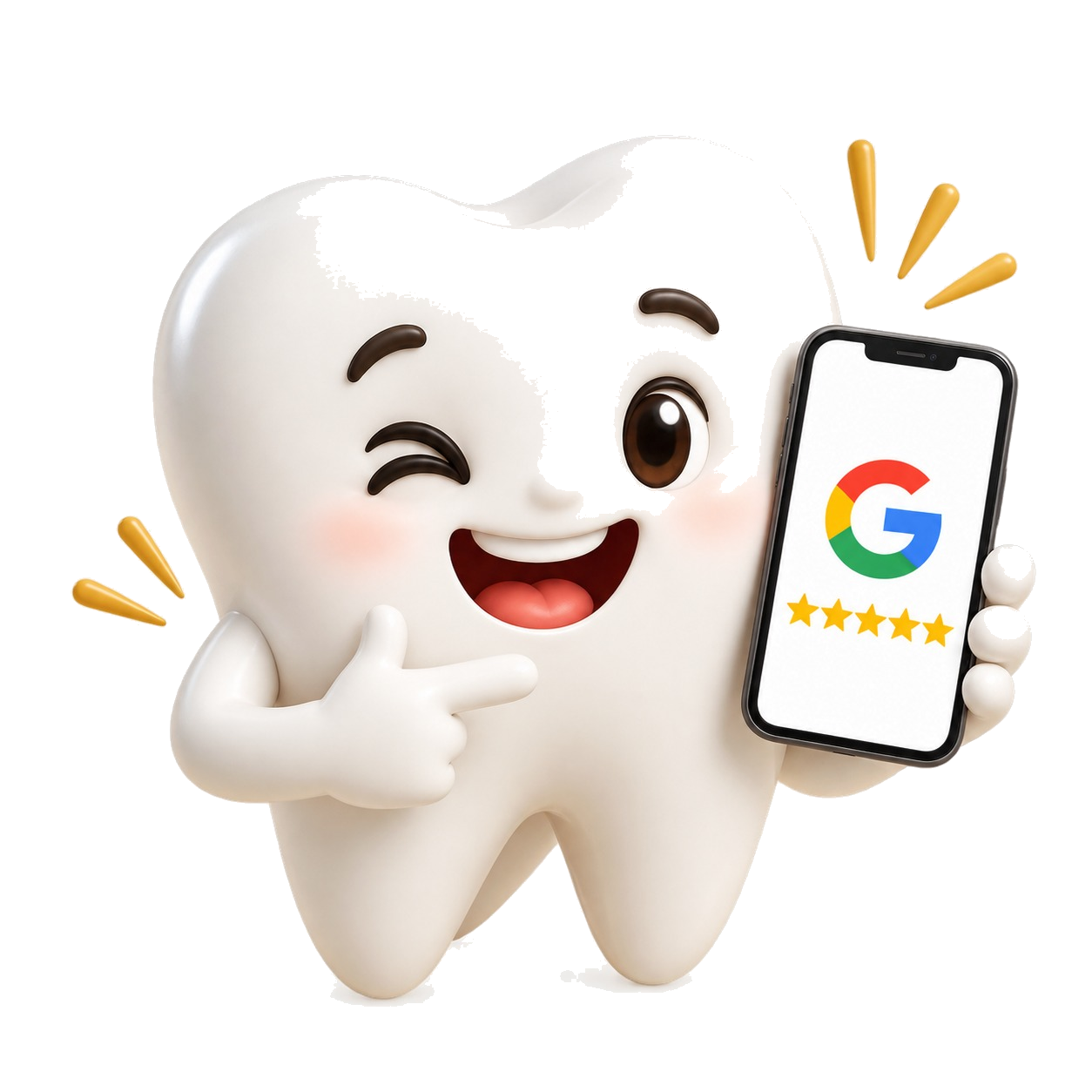 Mascote de dente sorridente segurando um celular com avaliação de cinco estrelas no Google